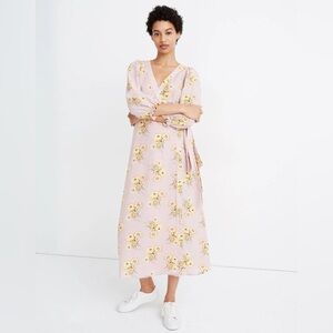 Madewell Petite Linen-Blend Ruffle-Cuff Wrap Dress in Dutch Dandelions‎ size XL